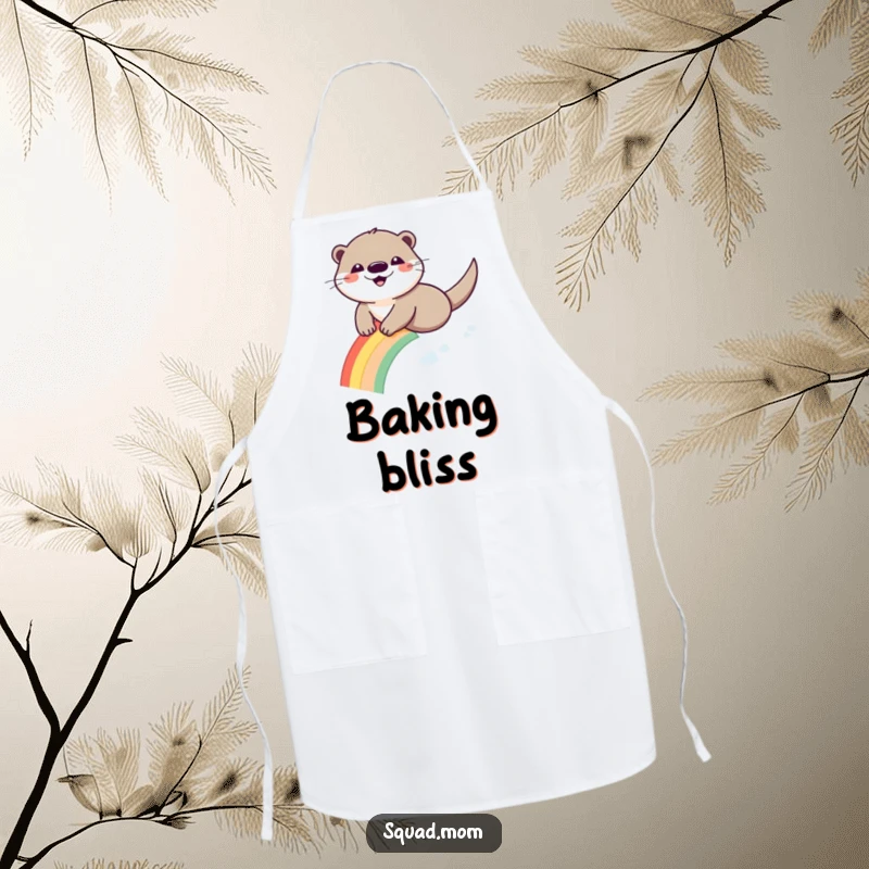 Funny Otter Rainbow Apron: A smiling otter slides down a rainbow while cooking joyfully.