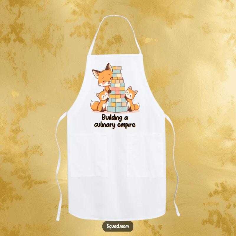 Funny apron design with a fox mom and her kits building a block tower, perfect for humorous kitchen adventures.