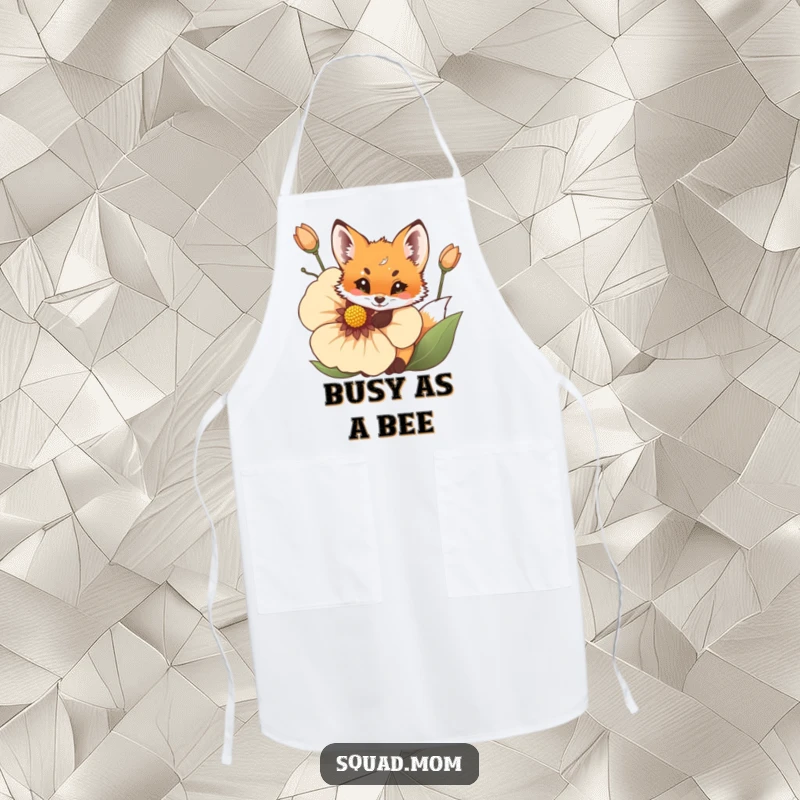 Funny Fox Cub Apron: A cute, playful fox cub peeks from behind a big, colorful flower in the kitchen.
