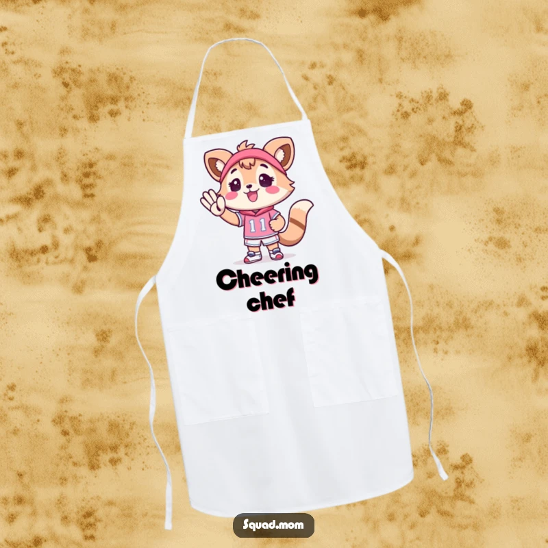 Funny Kawaii Mom Friend Apron: A cute animal character cheering for a tiny athlete brings supportive energy to your kitchen.