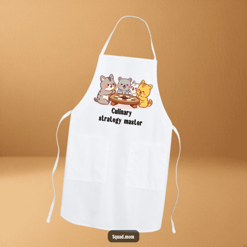Funny apron showing animal friends enthusiastically playing a board game while perhaps hinting at cooking, adding humor to kitchen duties.