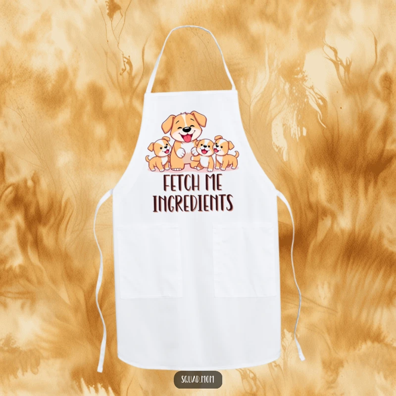 Funny Dog Mom Apron depicting a determined mother dog enthusiastically teaching her puppies how to fetch, ideal for humorous kitchen activities.