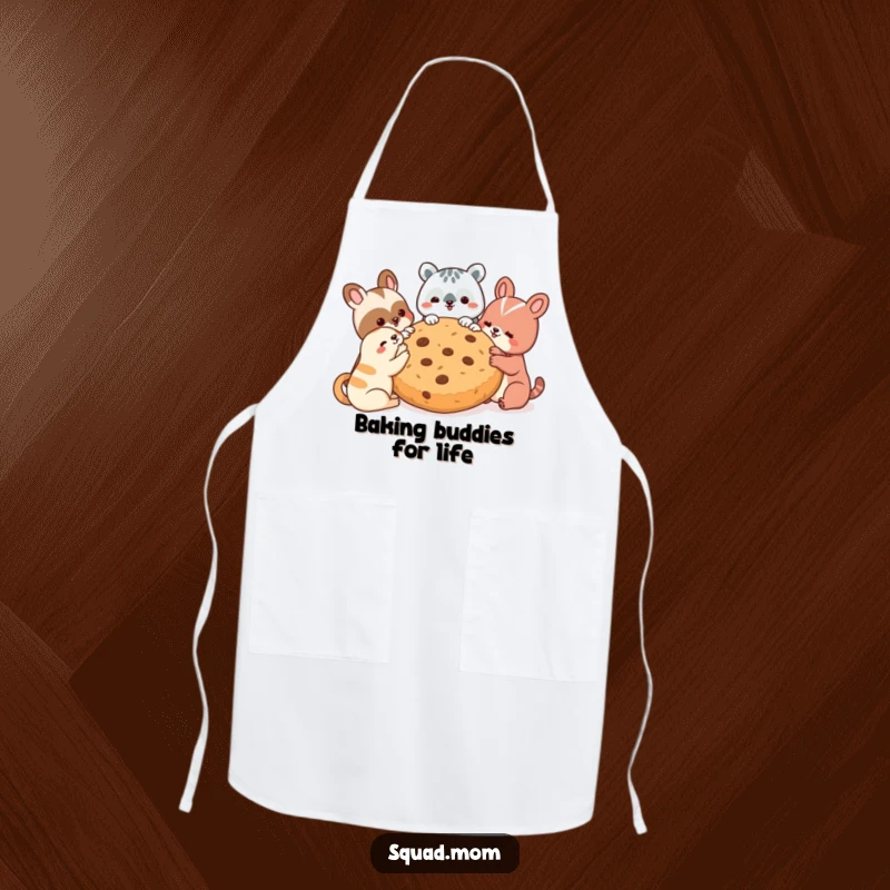 Funny apron showing animal friends joyfully sharing a giant cookie, ideal for any kitchen enthusiast who loves humor.