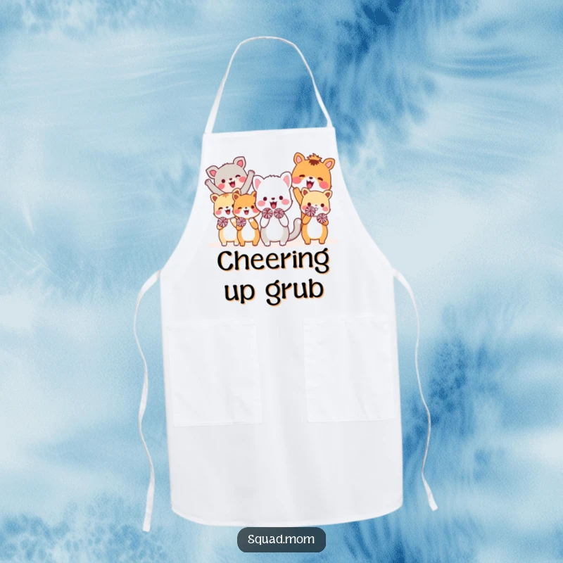 Funny apron showing a group of adorable animal friends holding tiny pom-poms and cheering while cooking, adding a humorous touch to kitchen tasks.