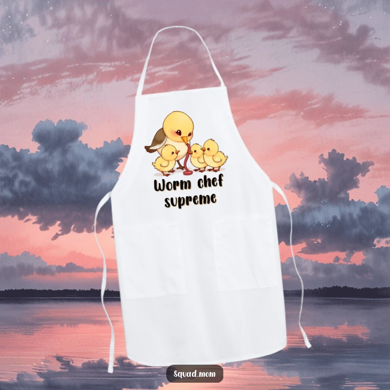 Funny Bird Mom Feeding Worms to Hungry Chicks, Humorous Nurturing Kitchen Apron