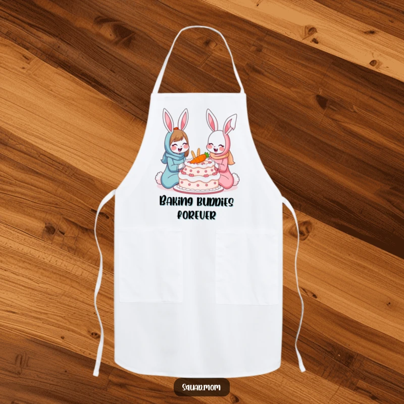 Funny bunny moms apron showing two smiling rabbits sharing a giant carrot cake, adding humor and charm to baking activities.