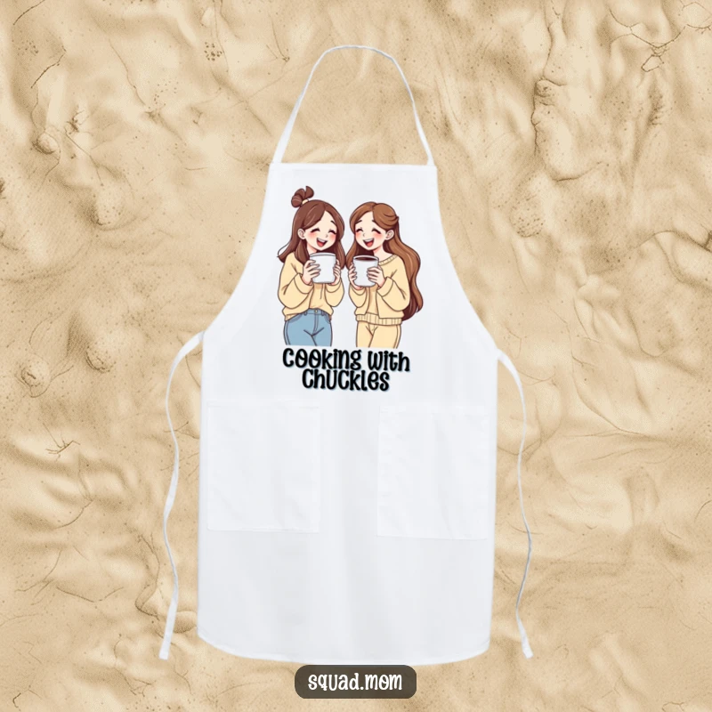 Funny apron depicting two women holding large coffee cups, sharing a laugh, ideal for a cheerful barista.