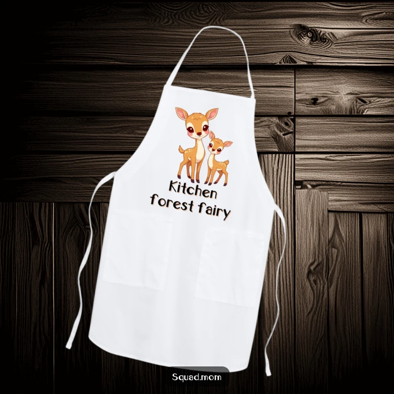Funny kitchen apron featuring a deer mom and her fawn, perfect for cooking with a serene, natural aesthetic.