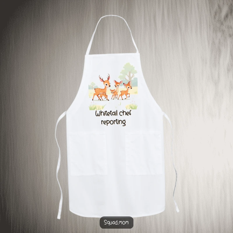 Funny deer moms and fawns playing tag in a meadow, on a functional apron, perfect for baking and cooking with a smile.