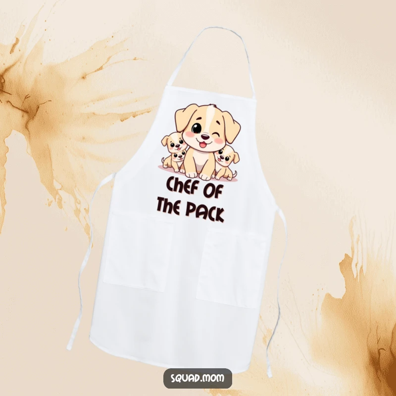 Funny kitchen apron illustrating a loving dog mom character with her mischievous puppies, perfect for creating treats and laughter.