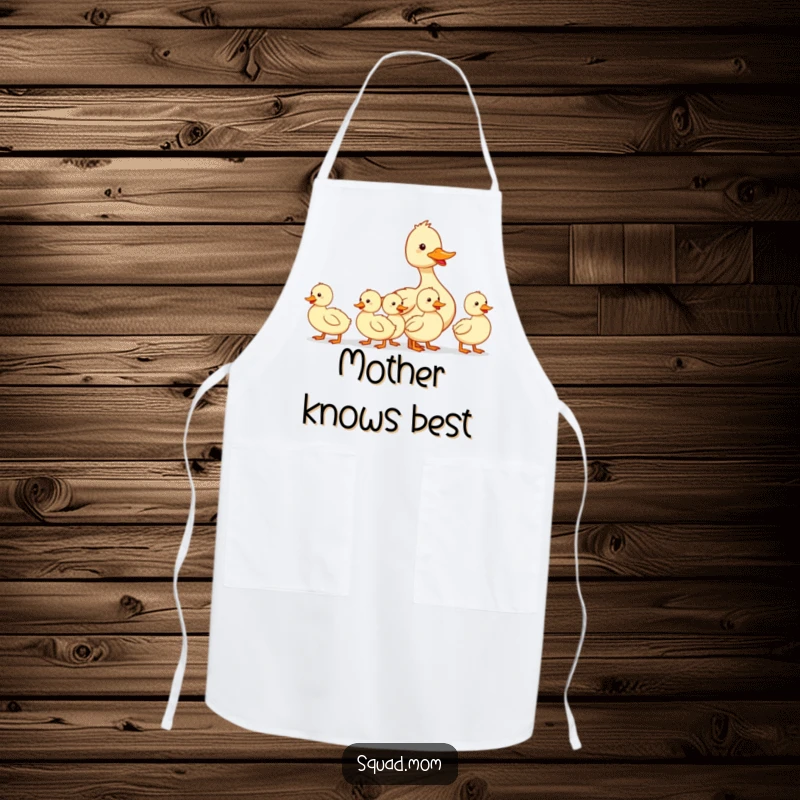 Funny apron with a mother duck leading her ducklings, perfect for adding humor to cooking and baking activities.