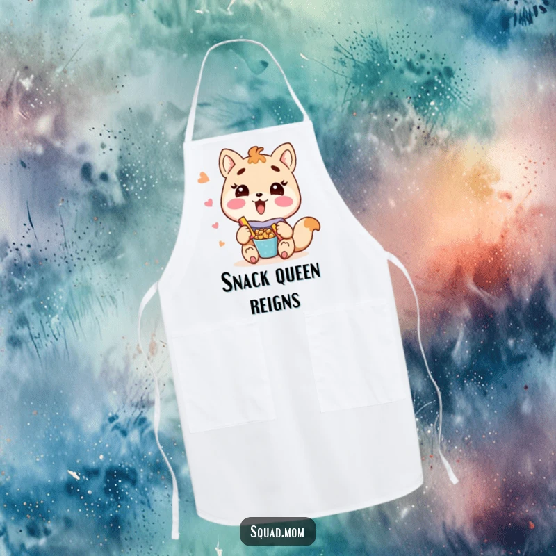 Funny Kawaii mom friend animal character happily sharing snacks on a kitchen apron, perfect for cooking and baking.