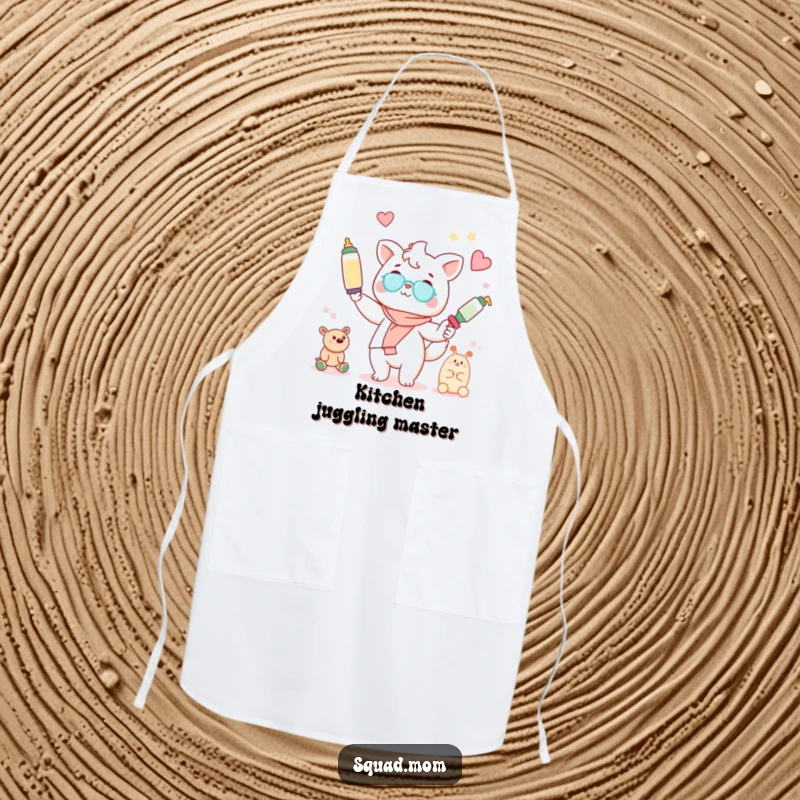 Funny Kawaii mom friend animal character juggling baby bottles and toys on a kitchen apron, celebrating mom's multitasking.