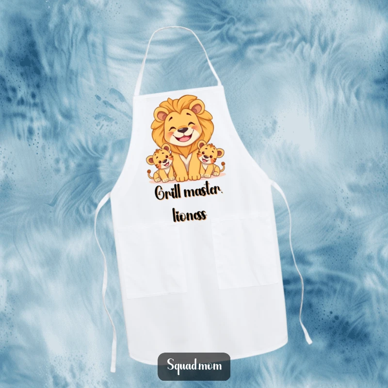 Funny apron with a smiling lion mom protecting her playful cubs, great for adding humor and protection in the kitchen.