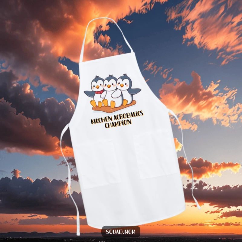 Funny penguin moms sliding down an icy hill together, on a functional apron, perfect for baking and cooking with a smile.