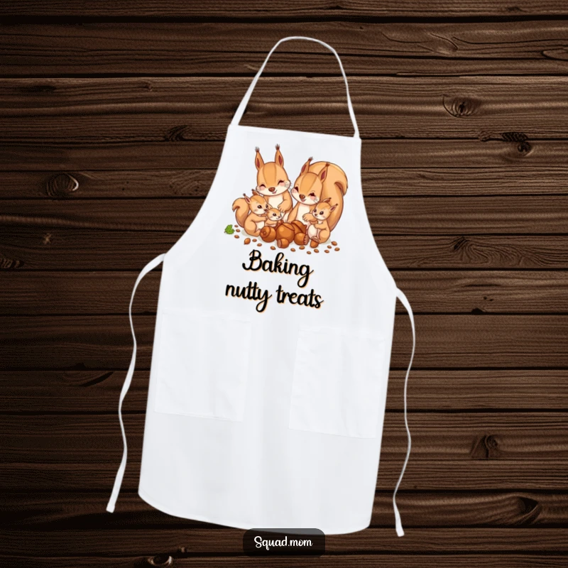 Funny apron design with a mother squirrel and babies gathering acorns, perfect for humorous kitchen tasks.
