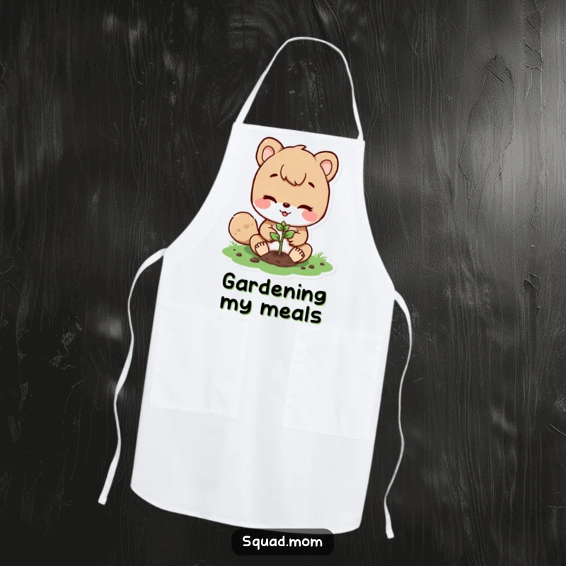 Funny gardening apron showing a cute animal mom character planting a tiny seed, perfect for keeping clean while tending to plants with a smile.