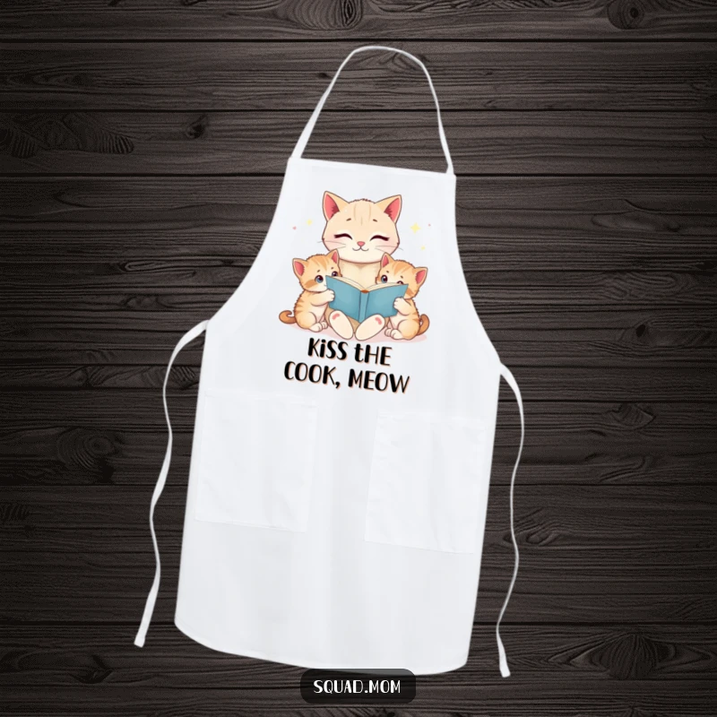 Funny cat mom reading a bedtime story to her wide-eyed kittens, on a functional apron, perfect for baking and cooking with a smile.