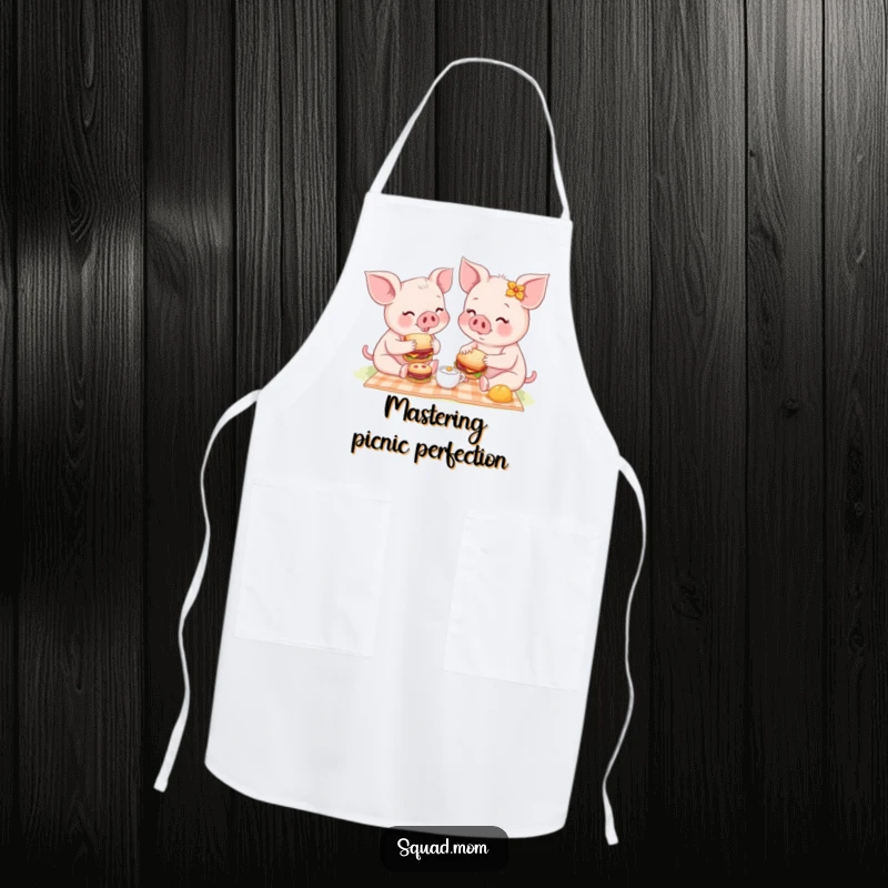 Funny apron illustration of a mother piglet and baby enjoying a picnic with tiny sandwiches, perfect for humorous cooking.
