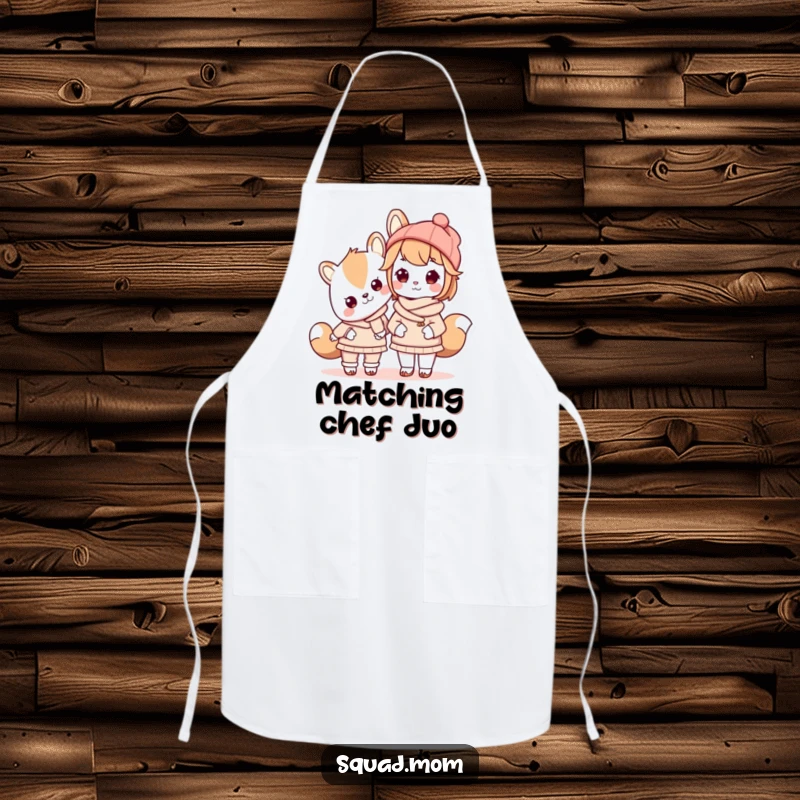 Funny Kawaii mom friend animal character wearing matching outfits with her child on a kitchen apron, celebrating family style.