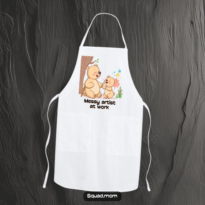 Funny bear mom and cub apron showing them giggling while painting a mural, adding humor and charm to art activities.
