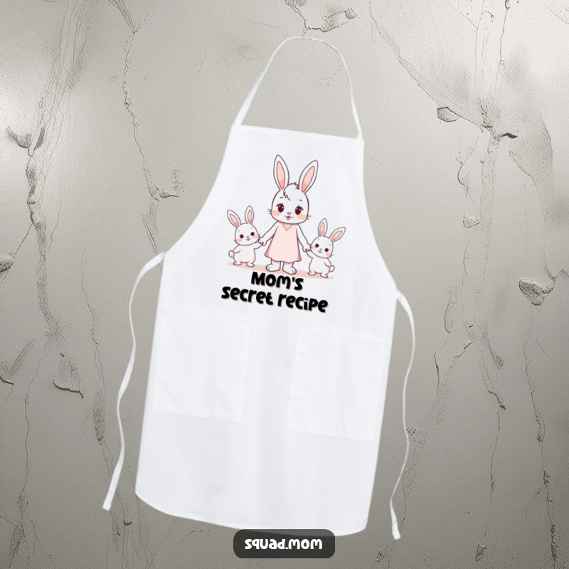 Funny Kitchen Apron: A bunny mom character holding hands with two small bunnies, cooking together happily.