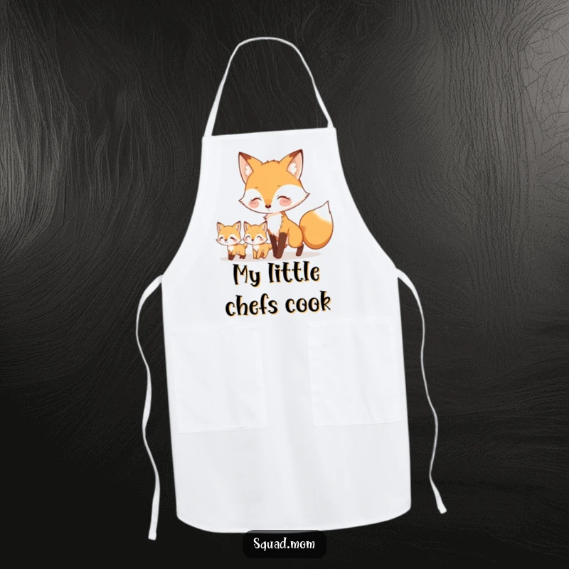 Funny apron showcasing a mother fox leading her little kits, ideal for kitchen tasks with a charming and humorous nature-themed design.