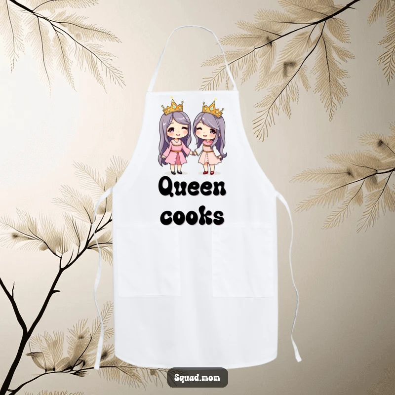 Funny apron depicting two women holding hands, both wearing matching sparkly crowns, ideal for a queen of the kitchen.