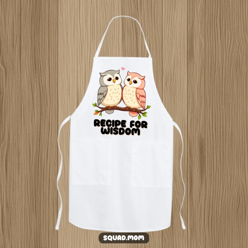 Funny owl moms sharing secrets and gossip while perched on a branch, on a functional apron, perfect for baking and cooking with a smile.