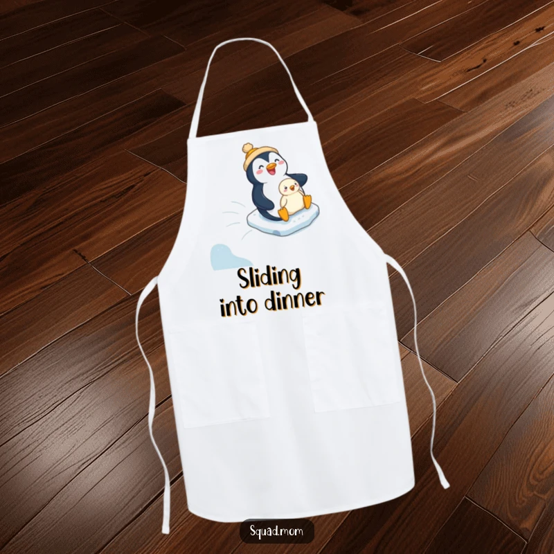 Funny penguin mom and chick's icy slide featured on a humorous apron, perfect for kitchen adventures.