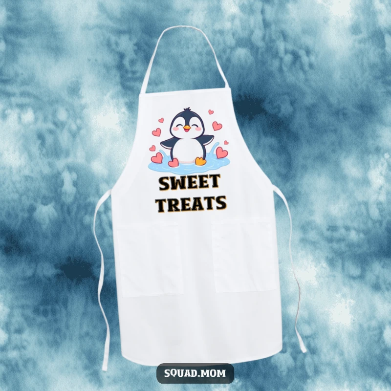 Funny Penguin Heart Splash Apron: A giggling penguin splashes in a puddle of hearts while cooking.
