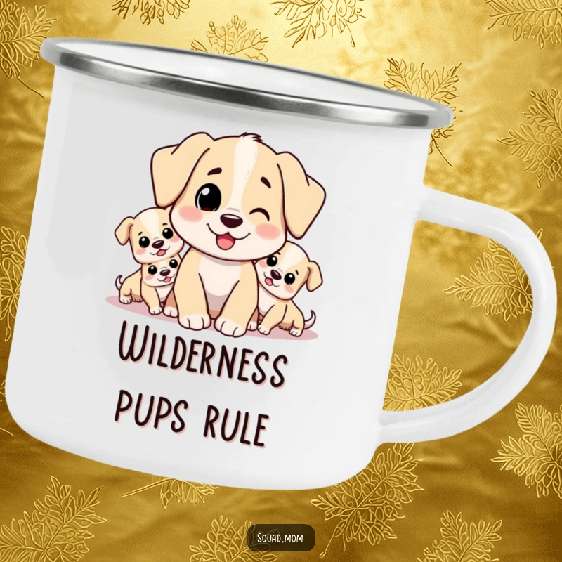 Funny camping mug showcasing a happy dog mom character with her puppies, perfect for outdoor enthusiasts and dog lovers.