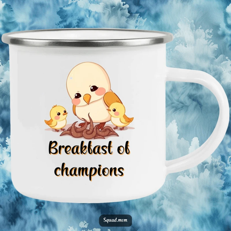 Funny camping mug illustrating a mama bird feeding worms to her chicks, designed for outdoor adventures and celebrating maternal dedication.