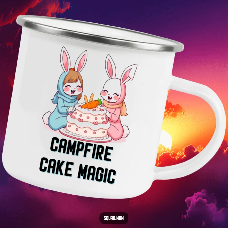 Funny bunny moms camping mug showing two smiling rabbits sharing a giant carrot cake, ideal for outdoor enjoyment and humorous gifts.