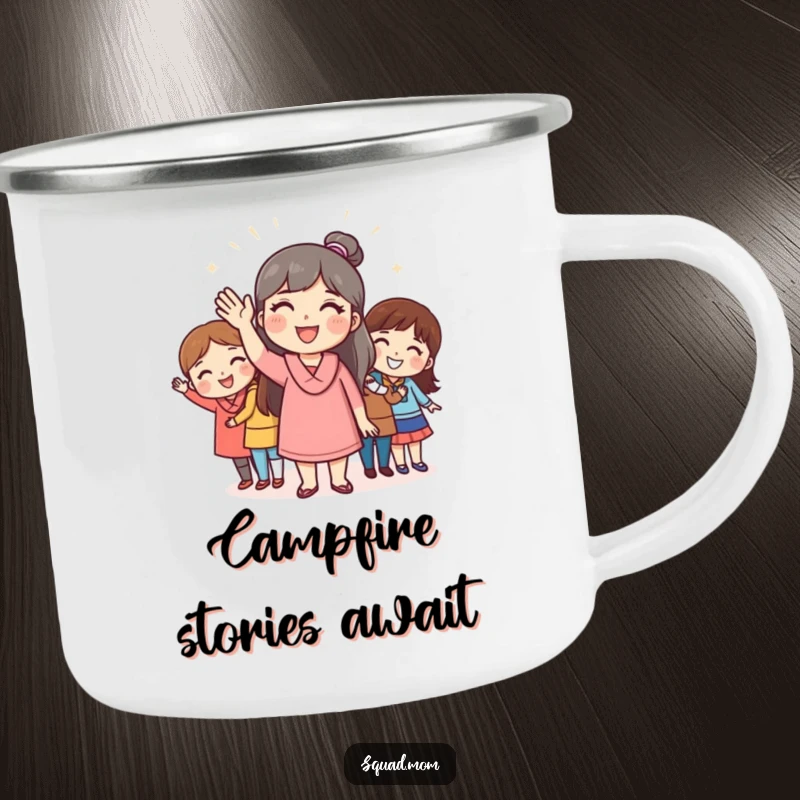 Funny camping mug featuring a mom friend waving cheerfully to friends, perfect for outdoor enjoyment with a friendly humor theme, a durable funny gift.