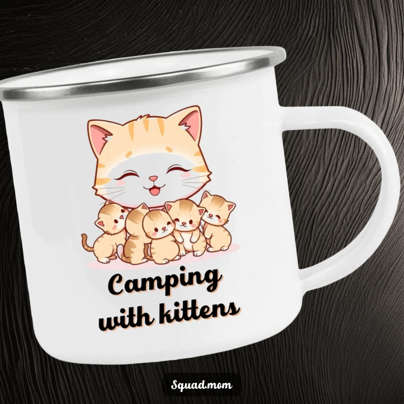 Funny Cat Mom Camping Mug showing a happy mother cat grooming her tiny kittens, ideal for enjoying drinks in the great outdoors.