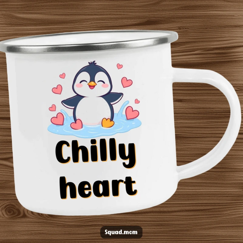 Funny Penguin Heart Splash Camping Mug: A giggling penguin splashes in hearts, ready for adventure.