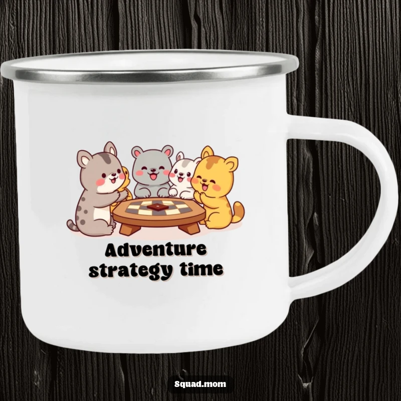 Funny camping mug showcasing animal friends deeply engrossed in a board game, designed for rugged adventures and shared laughter.