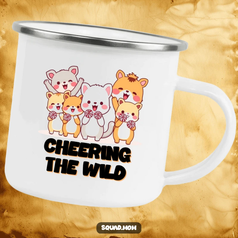 Funny camping mug with a group of energetic animal friends cheering with small pom-poms, ideal for hot beverages during outdoor activities.