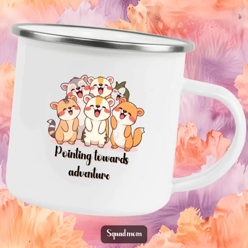 Funny Camping Mug: Group of animal friends giggling and pointing upwards, ideal for outdoor humor.