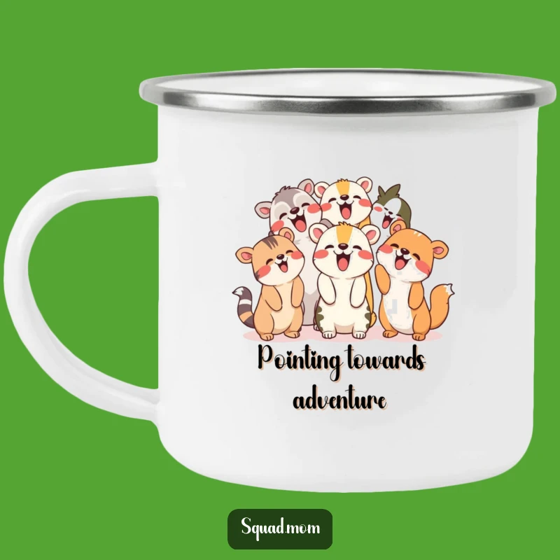 Funny Animal Friends Camping Mug: Giggling Pals Pointing Up, Adventure-Ready Humor!