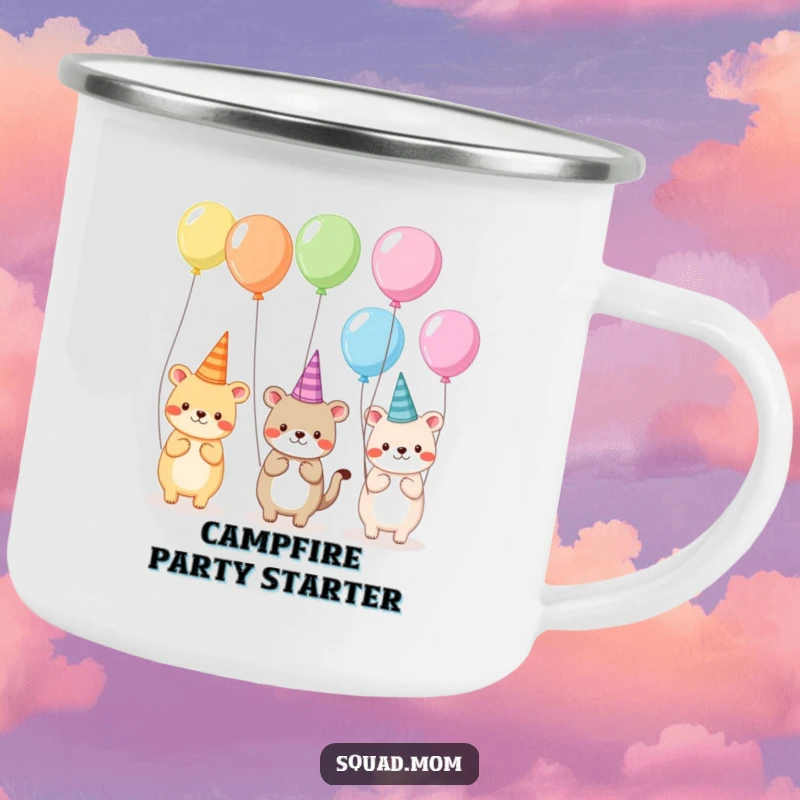 Funny camping mug illustrating animal friends in silly hats and holding balloons, designed for festive outdoor experiences and cheerful sips.