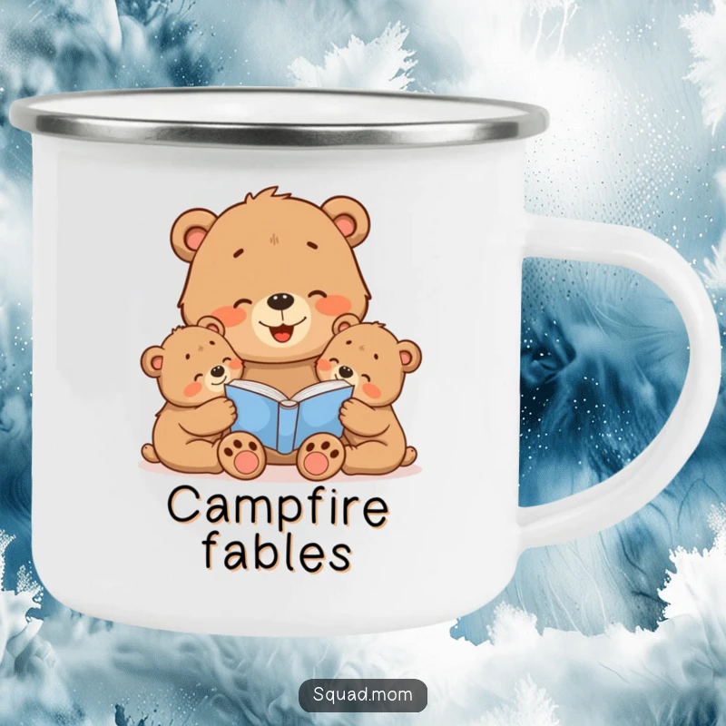 Funny Bear Mom Camping Mug: Mama bear reading to her cubs, ideal for outdoor use, bringing humor and a theme of cozy family moments.
