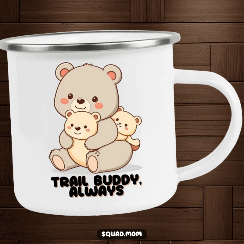 Funny camping mug showing a happy bear mom giving her cub a piggyback ride, perfect for enjoying beverages on outdoor trips with a playful theme.