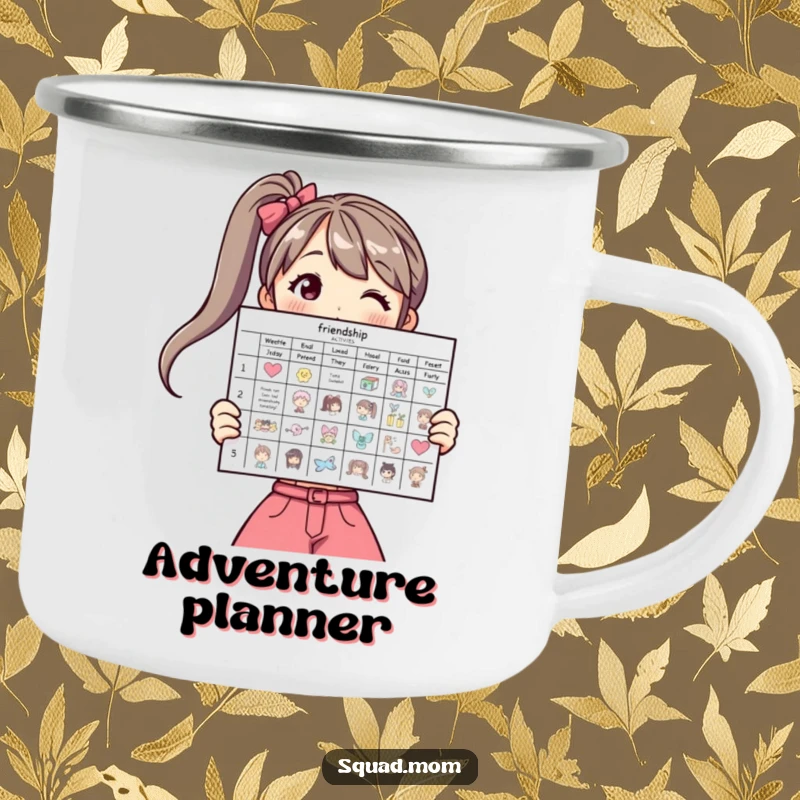 Funny camping mug showing a woman displaying a friendship activity chart, ideal for outdoor planners.