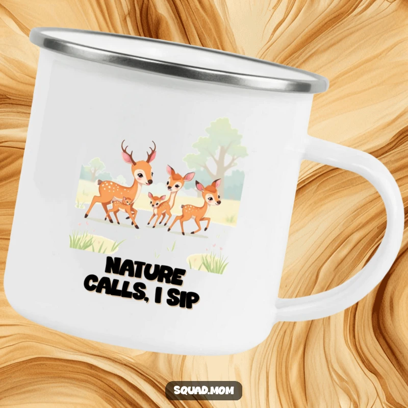 Funny deer moms and fawns playing tag in a meadow, on a rugged camping mug, perfect for outdoor enthusiasts.