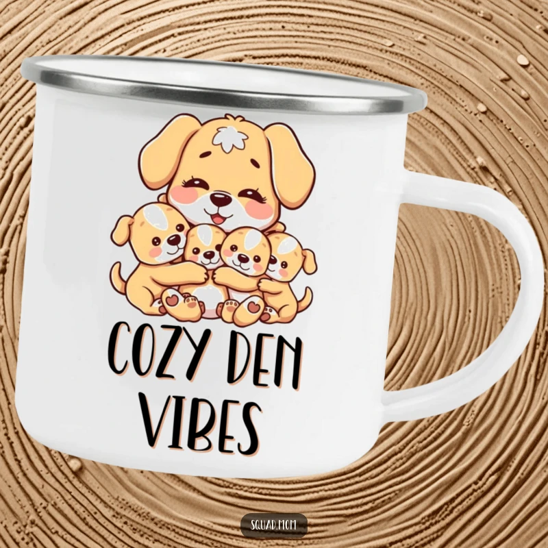 Funny camping mug displaying a motherly dog character hugging her puppies, ideal for enjoying drinks during outdoor adventures with a smile.