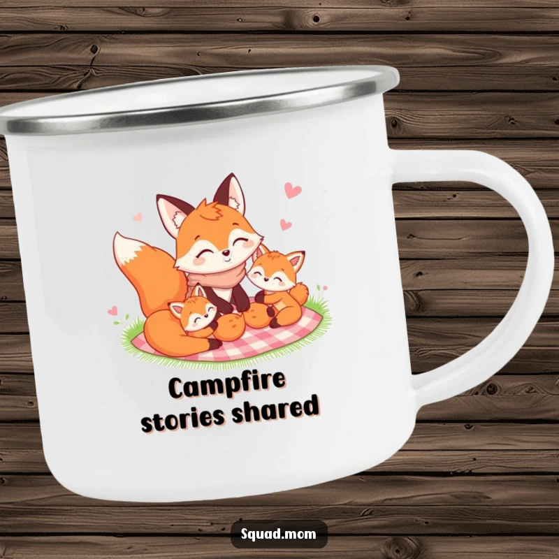 Funny Fox Mom and kits camping mug featuring a happy picnic scene, perfect for enjoying drinks on outdoor family adventures.