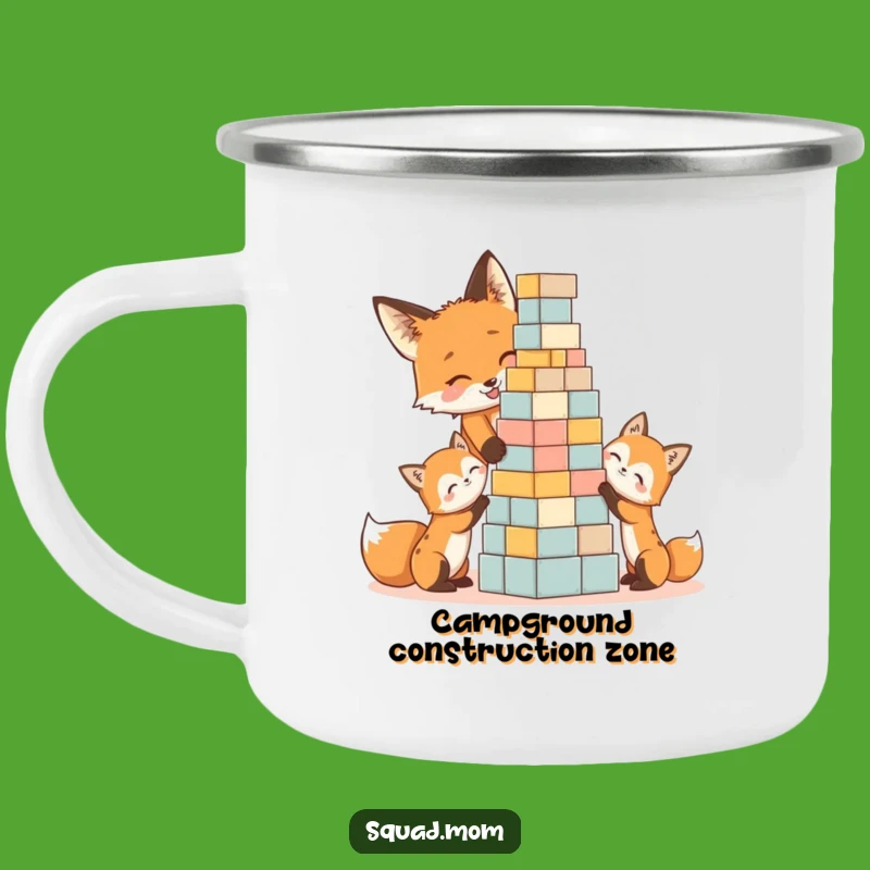 Funny Fox Mom & Kits Camping Mug: Outdoor Block Tower Adventures, Gift