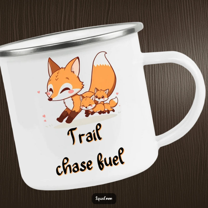 Funny fox mom and kits in a playful chase illustrated on a durable camping mug for outdoor enthusiasts.